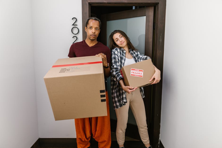 A person holding an open cardboard box with a red and white 'Fragile' handling label, indicating careful packing during a home relocation process. The individual’s hands are visible, showing a wedding ring on the left hand, and they are standing in a room filled with multiple packed moving boxes of various sizes, some with black tape for sealing. The background includes more boxes stacked on a surface, with a doorway and plain wall visible in the setting. The scene is illuminated by natural or soft indoor lighting, emphasizing the packing and moving activity typical of furniture transport and packing services provided by Catford Removals on Brownhill Road, Catford. This visual accurately depicts the careful handling of items during a professional removal, highlighting the importance of proper packing and loading procedures in domestic removals.
